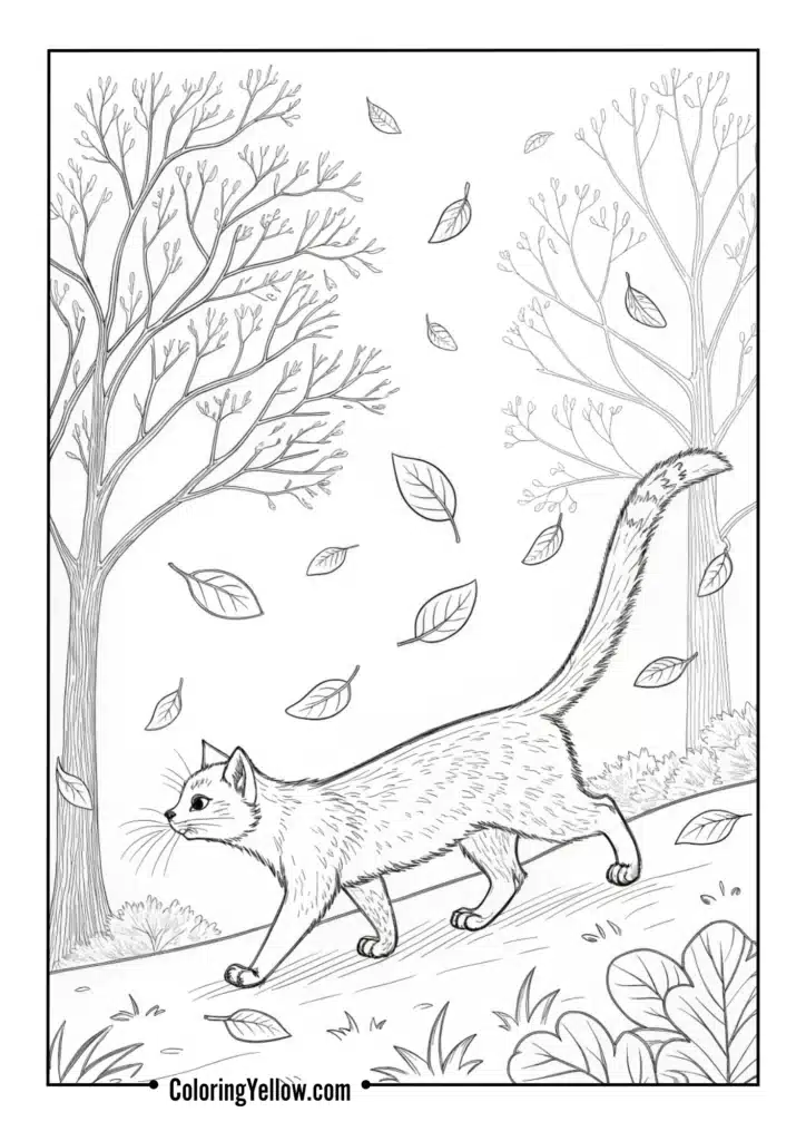 Autumn Cat with Falling Leaves