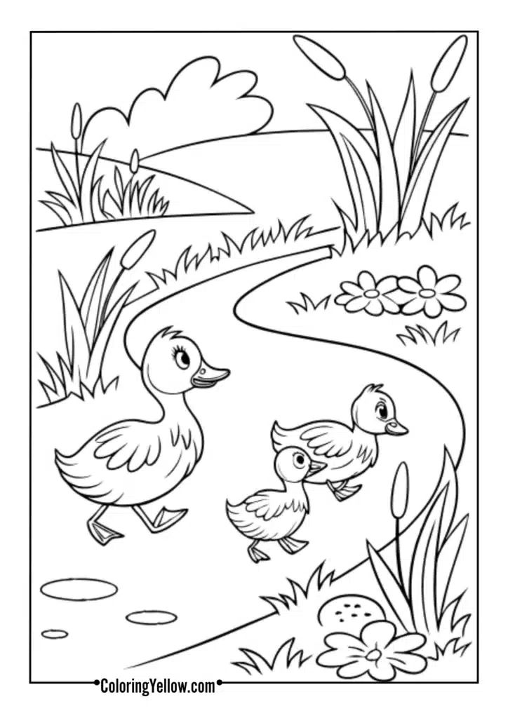Ducklings waddling along streams