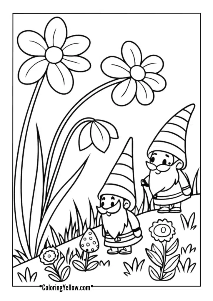 Gnome families in flower gardens