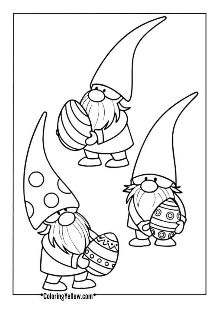 Gnomes in pointy hats holding eggs