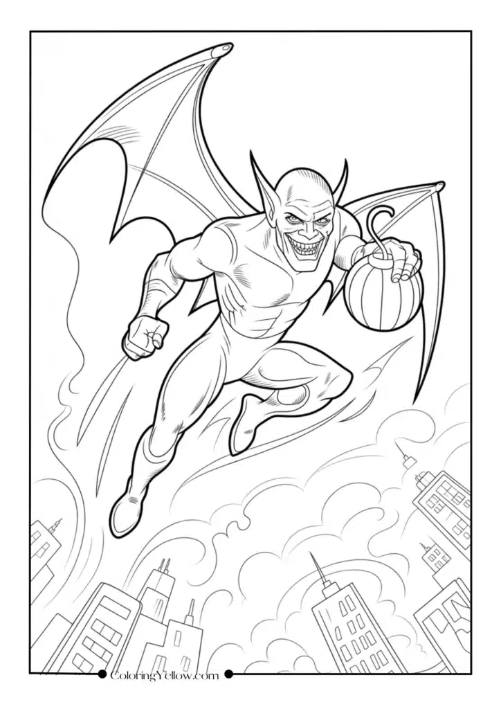 Green Goblin on His Glider Throwing a Pumpkin Bomb