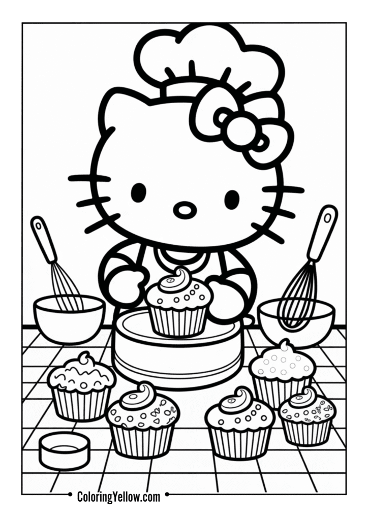 Hello Kitty baking cupcakes