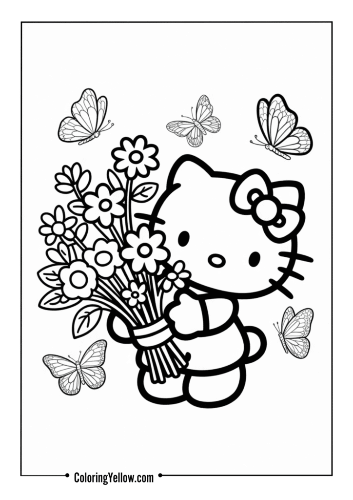 Hello Kitty holding a bouquet of flowers