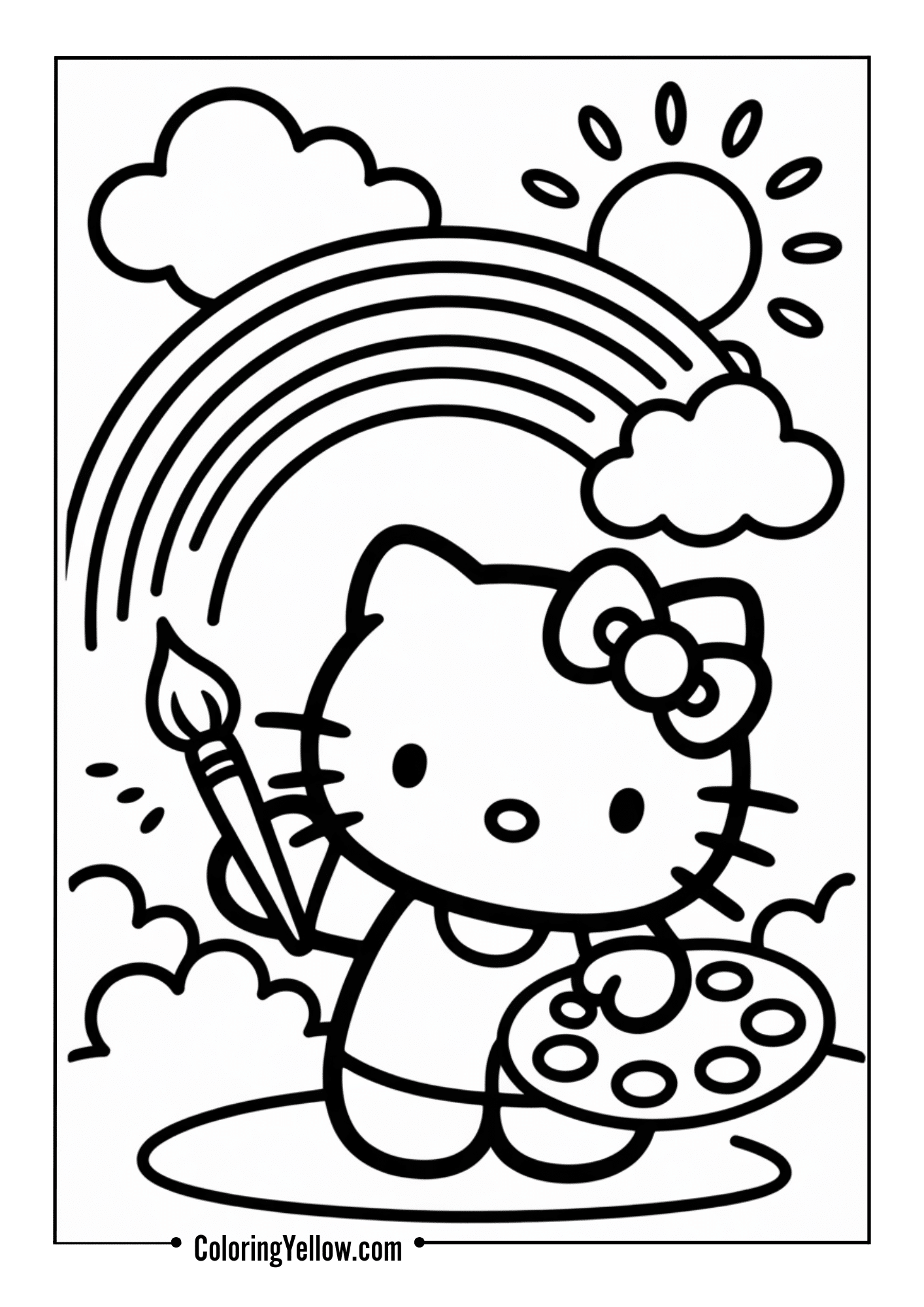 Hello Kitty holding a paintbrush and palette