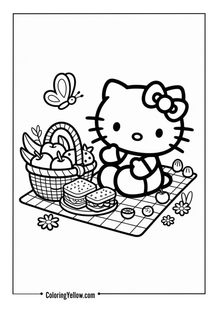Hello Kitty sitting at a picnic blanket