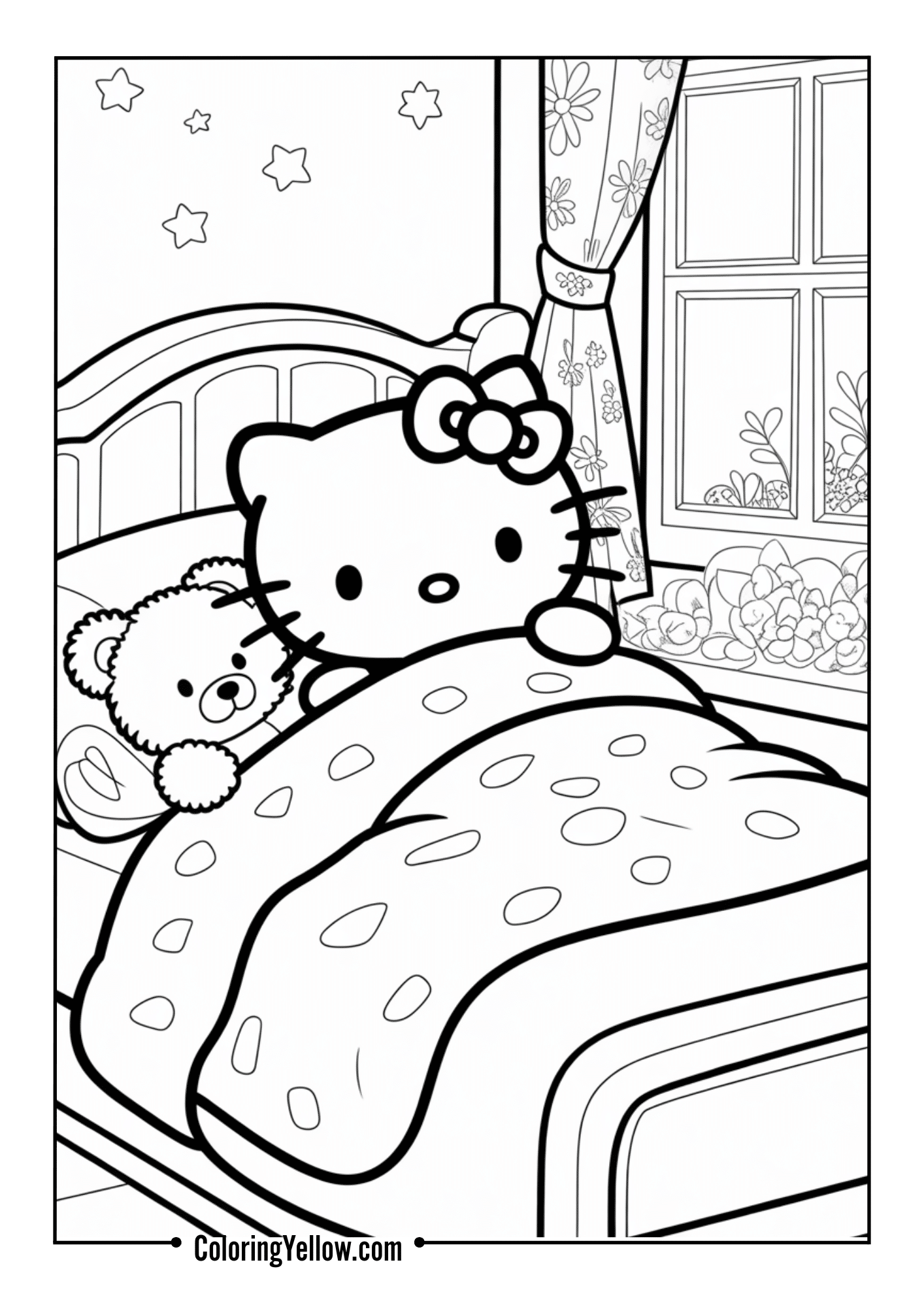 Hello Kitty snuggled in bed with a teddy