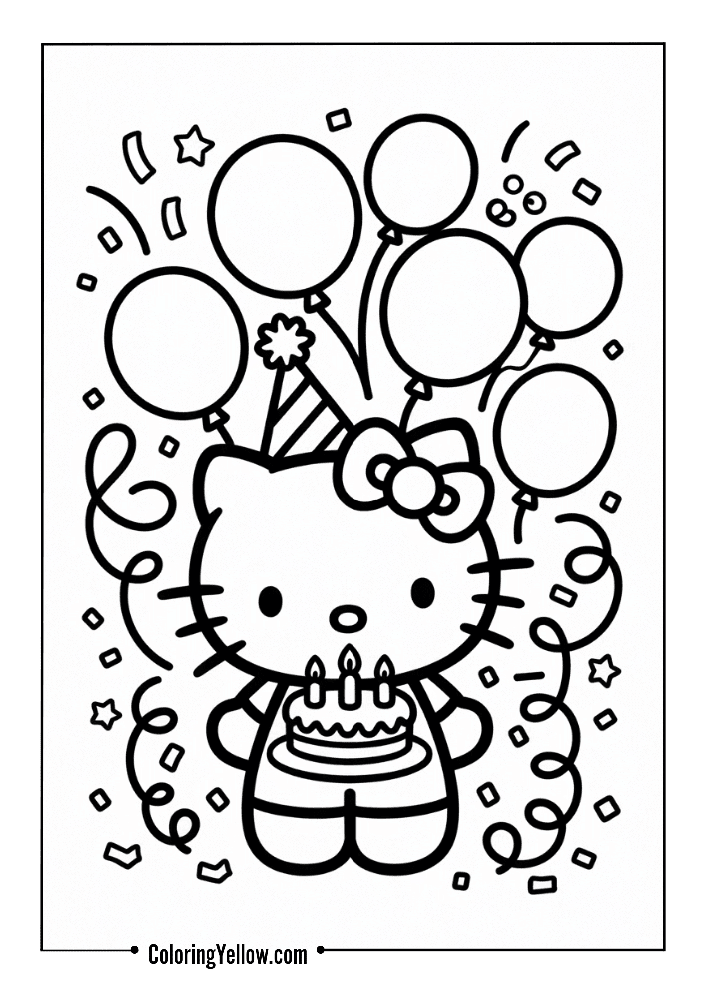 Hello Kitty surrounded by balloons and confetti