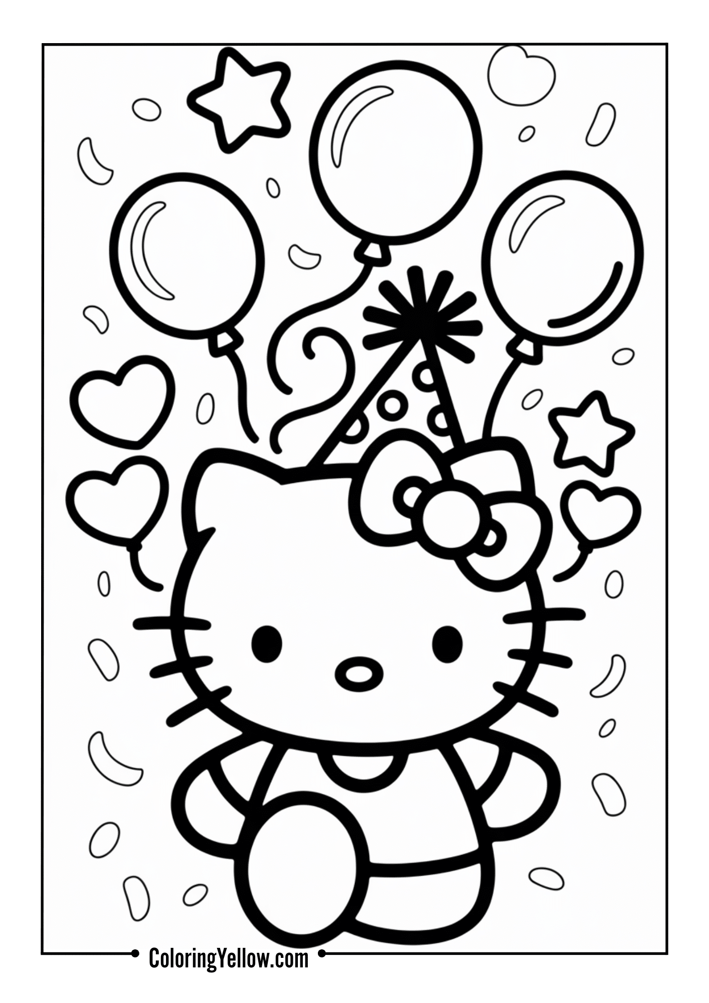 Hello Kitty wearing a party hat with balloons floating