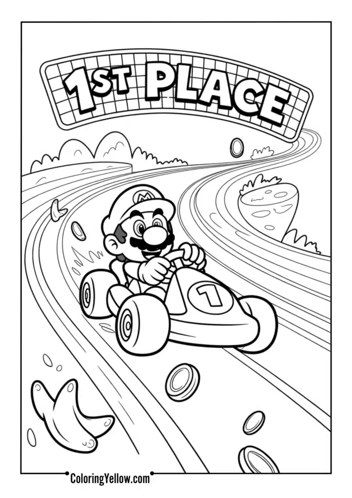 Mario Mario Kart on Rainbow Roadwith Fist Raised