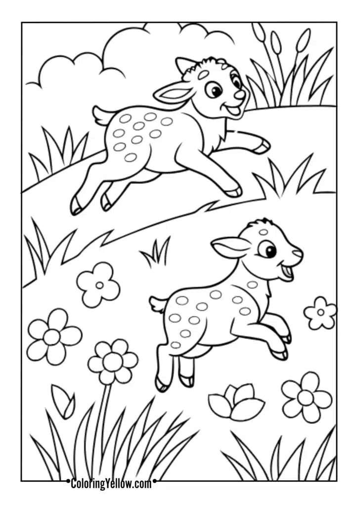 Playful lambs in spring fields