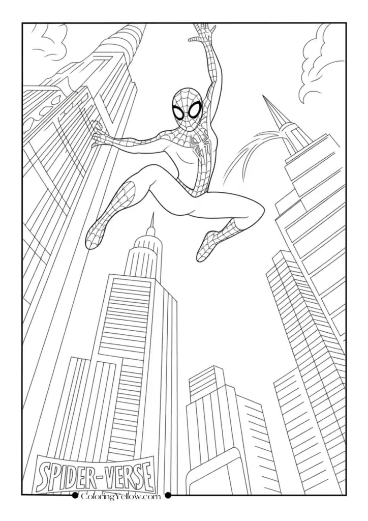 Spider-Gwen Doing a Backflip Between Buildings