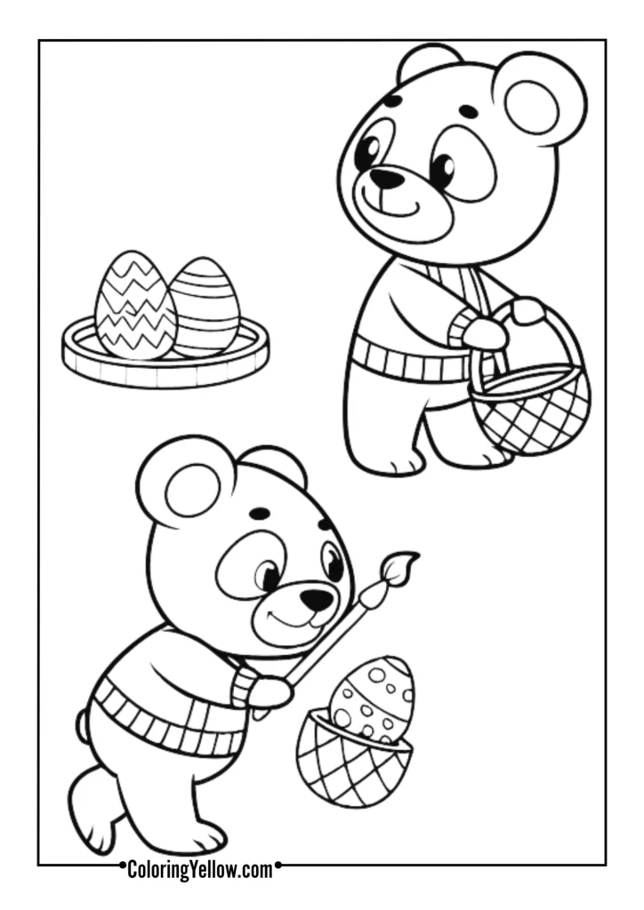 Teddy bears decorating eggs