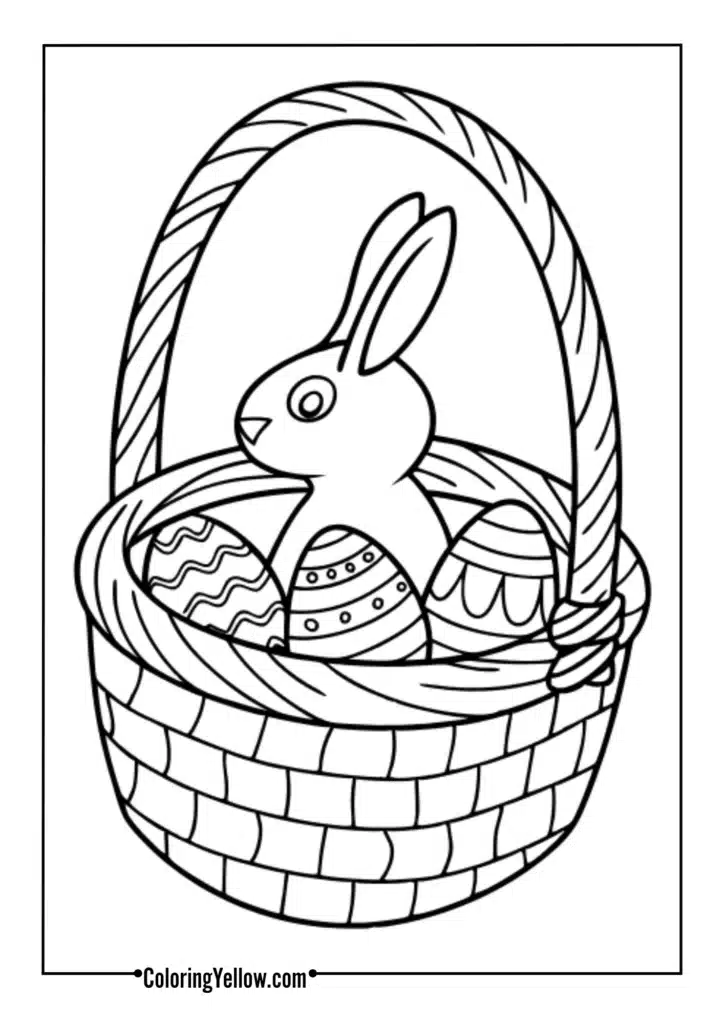 Woven baskets of chocolate bunnies, eggs, and jellybeans